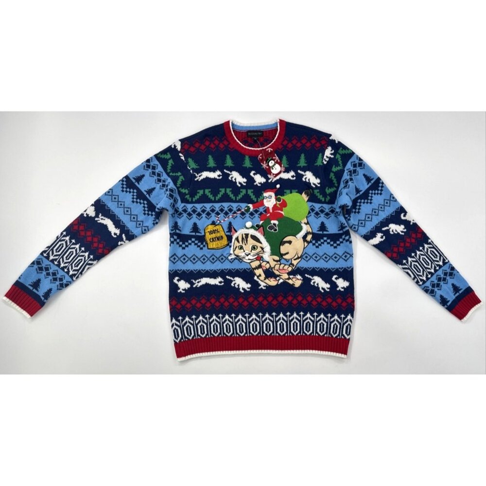Blizzard Bay Ugly Christmas Sweater Mens XL Santa Riding Cat Catnip Funny NEW